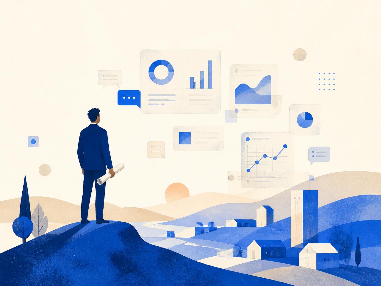 Illustrated consultant surveying a landscape of dashboards, KPI cards, and chat bubbles