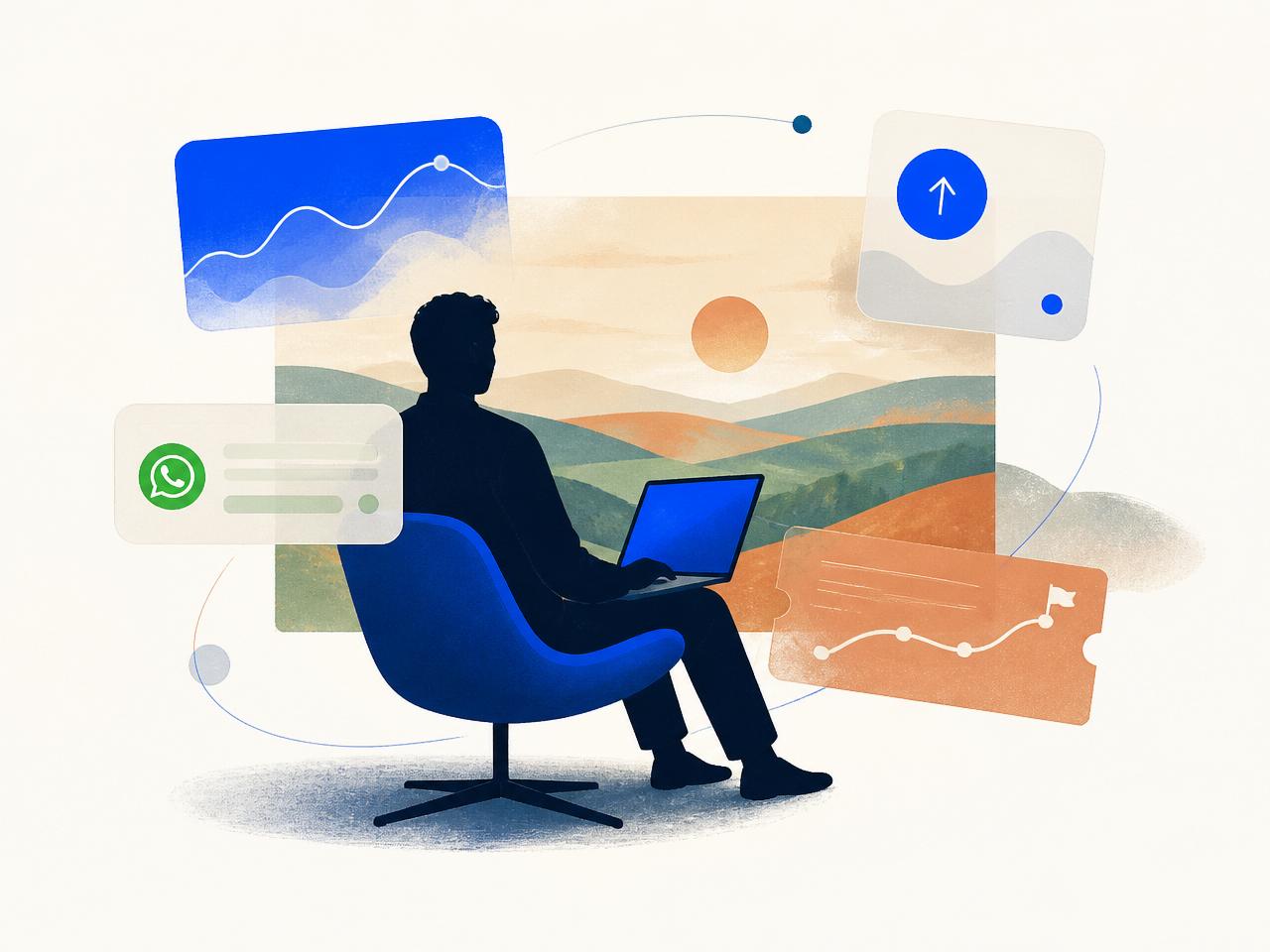 Illustrated operator working amid floating dashboards, WhatsApp bubbles and roadmap tickets