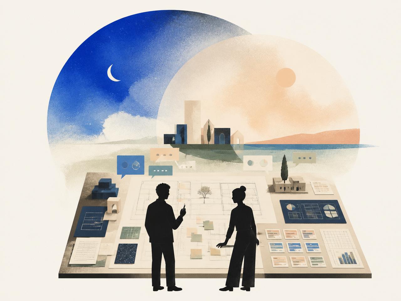 Illustration of two consultants collaborating over blueprints, dashboards and floating sticky notes